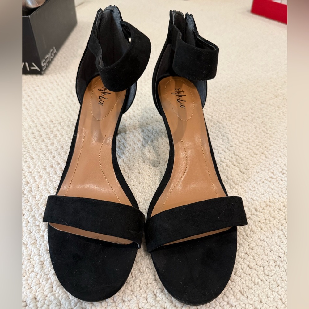 Style & Co. Black Suede Open-Toe Ankle-Strap Heels